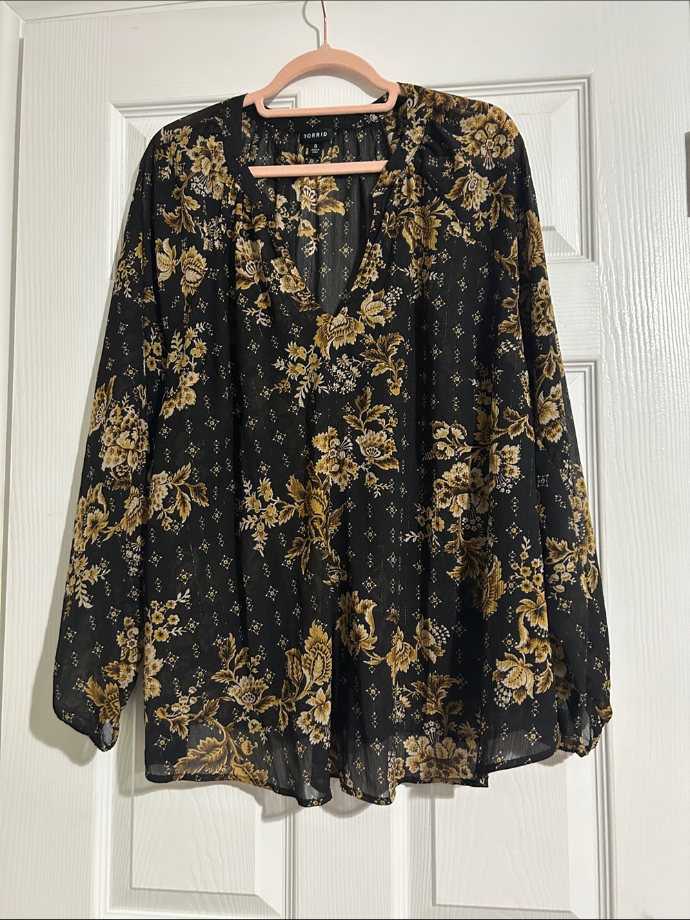 torrid Black with Gold Floral V-Neck Blouse